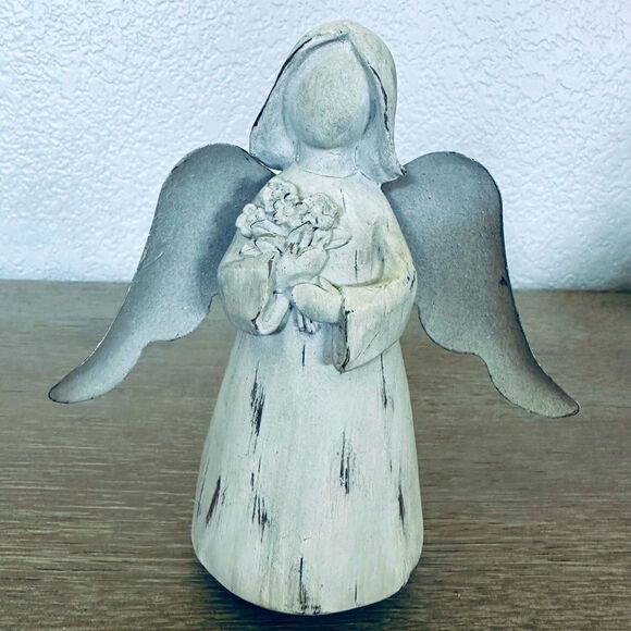 Rustic Wood Angel Metal Wings Floral Decor Figurine - Picture 1 of 4